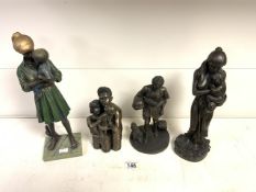 FOUR BRONZED FIGURAL GROUPS; LARGEST 39CM