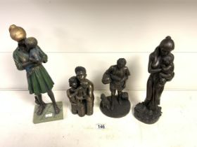 FOUR BRONZED FIGURAL GROUPS; LARGEST 39CM