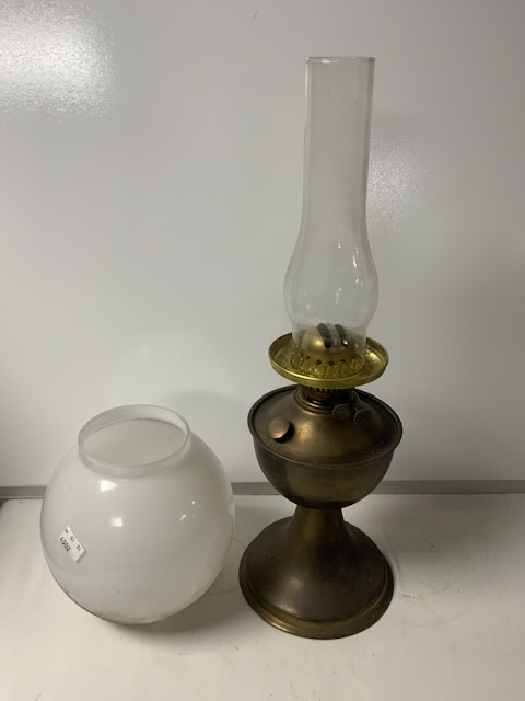 TWO VINTAGE OIL LAMPS; MILK WHITE AND RED GLASS SHADES - Image 3 of 10