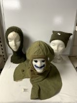 MILITARY WOOL GAS HOOD; SIZE M WITH AN ARMY WOOL BALACLAVA, ALSO MILITARY HAT