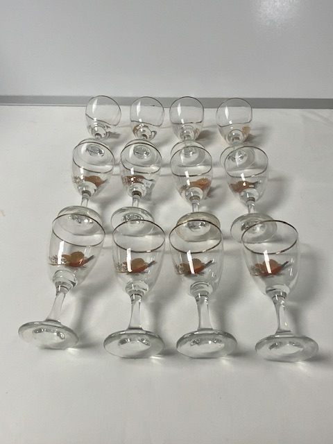 TWELVE VINTAGE SHERRY GLASSES; GILDED AND DECORATED WITH PHEASANTS IN FLIGHT - Image 3 of 4
