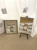 TWO UNSIGNED OILS ON BOARDS OF A FOX IN A WINTER SCENE ONE FRAMED AND GLAZED 40 X 51CM INCLUDES