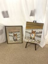 TWO UNSIGNED OILS ON BOARDS OF A FOX IN A WINTER SCENE ONE FRAMED AND GLAZED 40 X 51CM INCLUDES