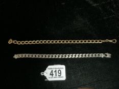 A SILVER FLAT CURB CHAIN BRACELET. WEIGHT 39.8 GRAMS AND A YELLOW METAL BRACELET, STAMPED 13