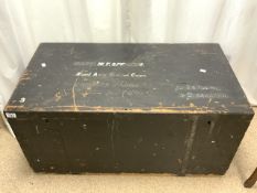 ANTIQUE WOODEN BLACK TRUNK WITH METAL INTERNAL LINING MARKED ROYAL ARTILLERY MEDICAL CORPS 101 X