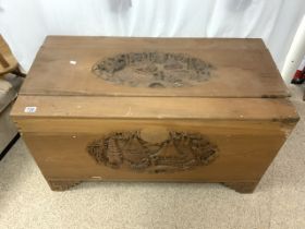 LARGE CAMPHOR CHEST WITH ORIENTAL CARVINGS