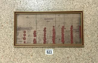 COPY OF KING CHARLES 1ST DEATH WARRANT FRAMED AND GLAZED 36 X 19CM