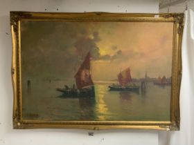 HANSEN SIGNED LARGE DUTCH OIL ON CANVAS OF BOATS ON THE WATER FRAMED 100 X 70CM