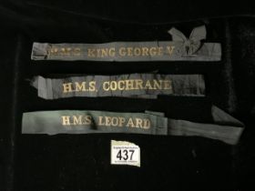 THREE VINTAGE ROYAL NAVY CAP TALLIES; HMS LEOPARD, HMS COCHRANE AND HMS KING GEORGE V