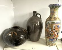 TWO LARGE STONEWARE POTS/JUGS WITH A CHINESE FAMILLE ROSE VASE 61CM