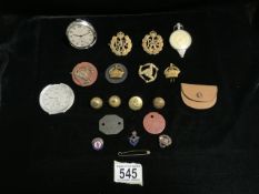 A QUANTITY OF MILITARY BUTTONS, CAP BADGES, METAL AND ENAMEL BADGES, LEATHER ID TAGS, RAF PT