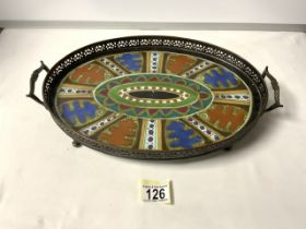 ROMA ARNHEM ART POTTERY TRAY IN A FOOTED METAL FRAME; 39 X 26CM A/F