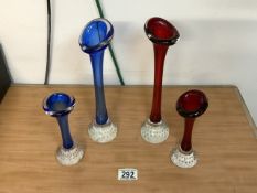 FOUR ART GLASS POSY VASES BY WHITEFRIARS; LARGEST 11CM