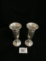 A PAIR OF STERLING SILVER BUD VASES, BY MAPPIN & WEBB, BIRMINGHAM 1922, BAR AND DOT BORDERS,
