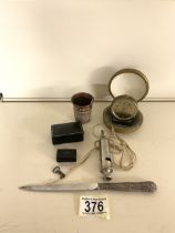 MIXED ITEMS, SILVER HANDLE LETTER OPENER, COPPER THIMBLE, HANSA-LINE TRAVEL CLOCK, THE ACME SCOUT