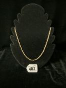 AN ITALIAN 9 CARAT GOLD ROPE CHAIN NECKLACE; STAMPED 9 KT; ALSO MARKED WITH IMPORT MARKS FOR