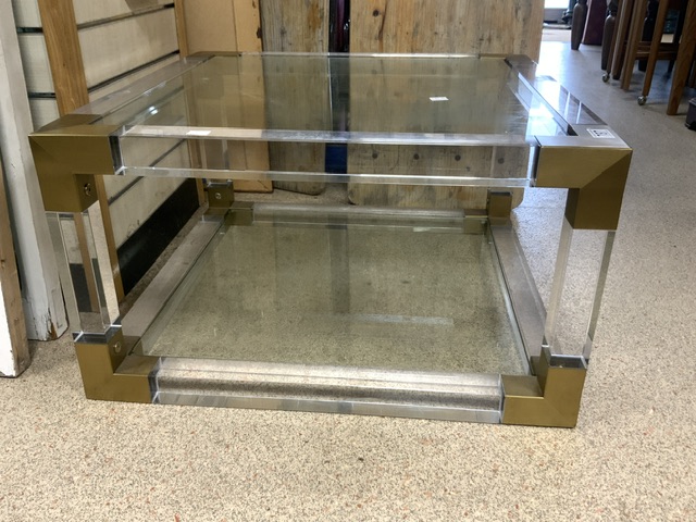 MODERN GLASS AND ACRYLIC AND BRASS SQUARE COFFEE TABLE 71CM - Image 3 of 3