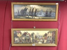 ELLIOTT SIGNED OILS ON CANVAS STREET SCENE AND BOATS ON THE RIVER SCENE 66 X 26CM