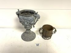 BRONZE AFRICAN CONTAINER; 10CM WITH A 19TH CENTURY FRENCH PEWTER CUP DECORATED WITH CHERUBS; 24CM