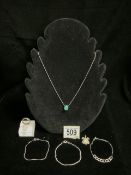925 SILVER NECKLACE, THREE 925 SILVER BRACELETS, 925 SILVER RING AND SHIELD SHAPED FOB