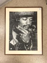 JIMI HENDRICKS BLACK AND WHITE POSTER; FRAMED AND GLAZED; 96 X 76CM