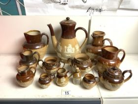 LARGE QUANTITY OF HARVEST WARE DOULTON LAMBETH COFFEE, TEA, JUGS INCLUDES ONE WITH HALLMARKED SILVER