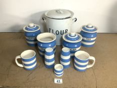 MIXED BLUE AND WHITE T.G.GREEN WITH A WHITE ENAMEL FLOUR BIN