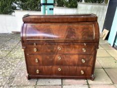 VINTAGE CYLINDER DESK WITH INTERNAL INTERIOR BRASS DETAIL AND RED TOOLED LEATHER