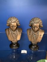 TWO BRONZED BUSTS OF BEETHOVEN; 25CM