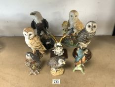 QUANTITY OF SCULPTURED BIRDS, OWLS, EAGLE AND GOEBEL KINGFISHER