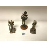 TWO AFRICAN SCULPTURED BRONZES 11CM WITH A BRONZE CHERUB PLAYING ACCORDIAN 17CM