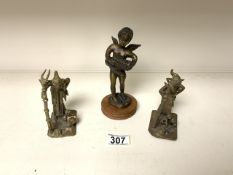 TWO AFRICAN SCULPTURED BRONZES 11CM WITH A BRONZE CHERUB PLAYING ACCORDIAN 17CM