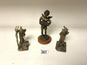 TWO AFRICAN SCULPTURED BRONZES 11CM WITH A BRONZE CHERUB PLAYING ACCORDIAN 17CM