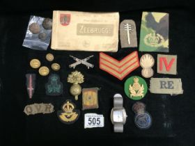 MIXED ITEMS INCLUDES MILITARY METAL BADGES, CLOTH BADGES, BUTTONS, ROTARY WATCH, POSTCARDS