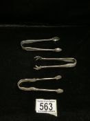 THREE PAIRS OF STERLING SILVER SUGAR / ICE TONGS, COMPRISING; A VICTORIAN PAIR, LONDON 1887, BEAD