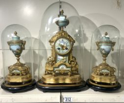 FRENCH GILT SPELTER MANTEL CLOCK WITH BLUE SEVRES STYLE PANELS PAINTED WITH SCENES WORKING BY JAPY