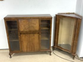 TWO BURR WALNUT DISPLAY CABINETS WITH KEYS