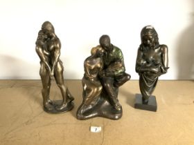 THREE BRONZED FIGURAL GROUPS LARGEST 40CM INCLUDES THE KISS SCULPTURE