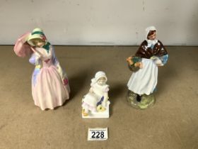 THREE ROYAL DOULTON FIGURINES, MISS DEMURE (HN1402) COUNTRY LASS (HN1991) AND NELL (HN3014)