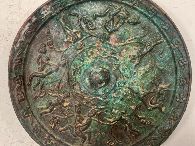 ANTIQUE CHINESE BRONZE WEAR DECORATED WITH ADULT SCENES; 19CM DIAMETER - Image 2 of 4