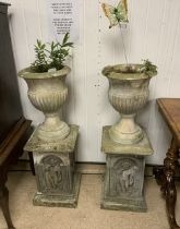 PAIR OF VINTAGE CONCRETE PLANTERS WITH CONCRETE PLINTHS 99CM