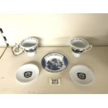 PAIR OF HENDRICK,S CUP N SAUCERS WITH A SCHWEPPES ADVERTISING PIN DISH WEDGWOOD