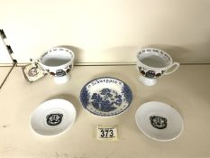 PAIR OF HENDRICK,S CUP N SAUCERS WITH A SCHWEPPES ADVERTISING PIN DISH WEDGWOOD