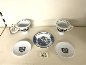 PAIR OF HENDRICK,S CUP N SAUCERS WITH A SCHWEPPES ADVERTISING PIN DISH WEDGWOOD