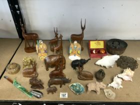 MIXED ITEMS, SHELLS, CARVED WOODEN ITEMS AND MORE