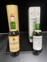 LAPHROAIG WHISKY; 10 YEARS; 75CL, GLENLIVET; 12 YEARS; 1 LITRE.