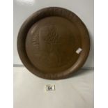 VINTAGE COPPER JOHNNIE WALKER EMBOSSED SERVING TRAY FROM THE FACTORY; 34CM DIAMETER