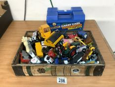 MIXED PLAYWORN DIE CAST TOYS, MATCHBOX, CORGI, AND MATCHBOX CARRY CASE AND MORE
