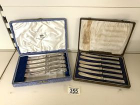SET OF BUTTER KNIVES WITH HALLMARKED SILVER HANDLES BY JOHN BIGGIN LTD WITH ONE OTHER SET OF FIVE