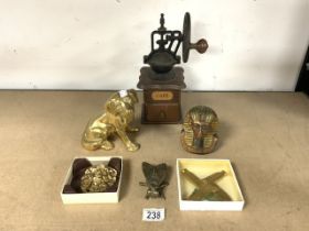 MIXED ITEMS, COFFEE GRINDER, BRASS DOG, BRASS MATCH STRIKER